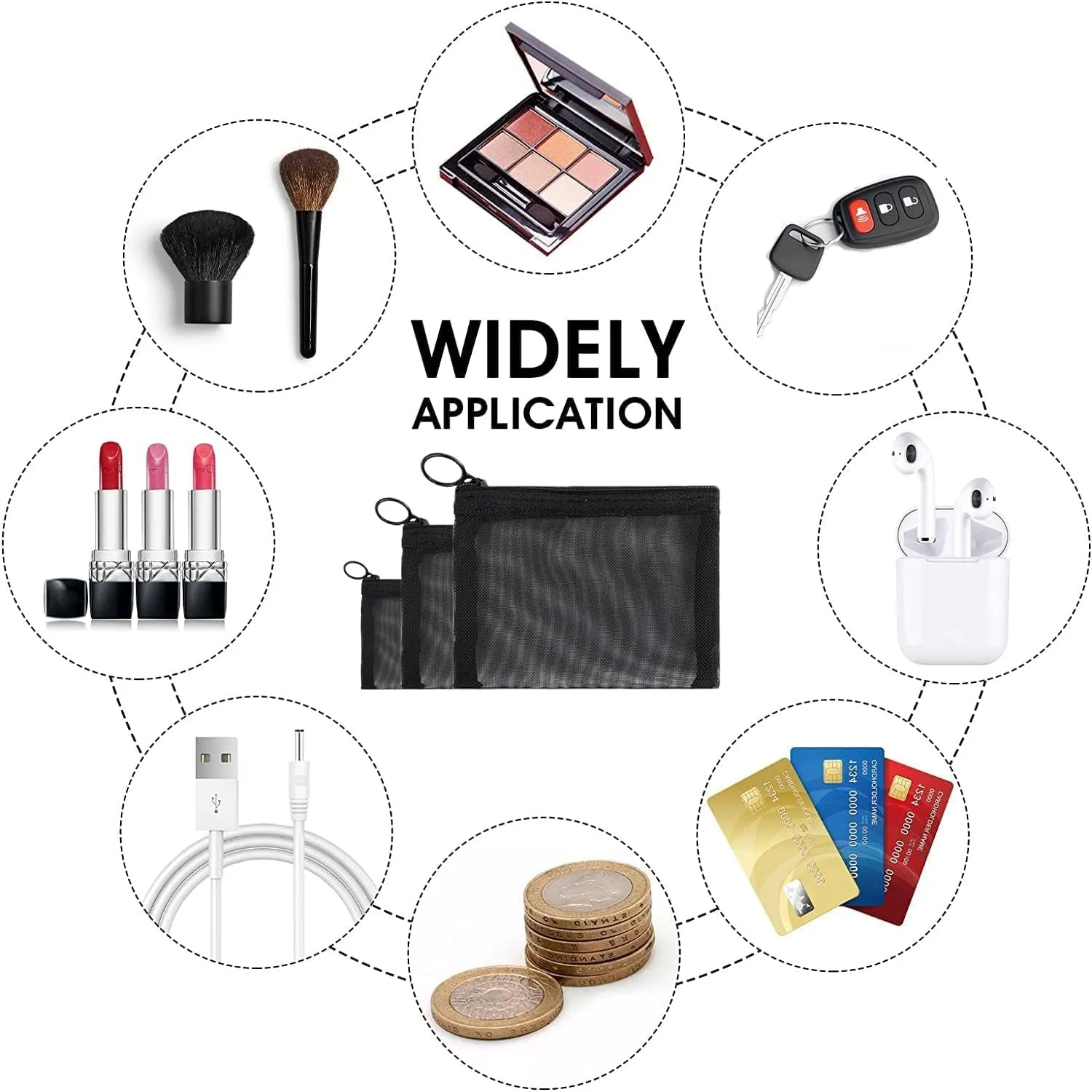 6 Packs Mini Zipper Toiletry Bag, Clear Mesh Zipper Cosmetic Small Purse Black Nylon Waterproof Small Purse Makeup Bag for Women, Portable Office Stationery Pouch.