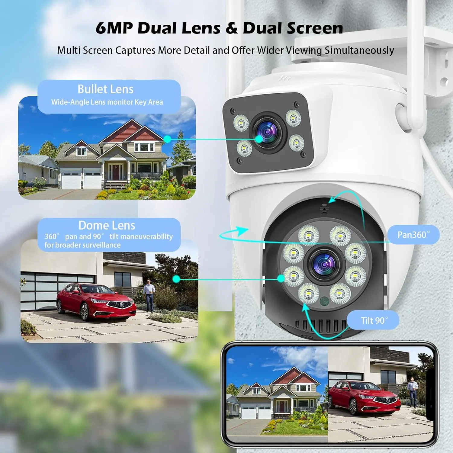 【6MP Security Cameras Outdoor】 Dual Lens Linkage,6MP WiFi Surveillance Camera,360°View,Human Detection,Auto Tracking,Light Alarm,Night Vision,Two-Way Audio, Corded Power.