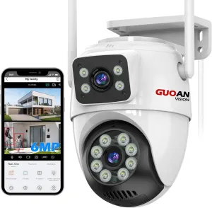 【6MP Security Cameras Outdoor】 Dual Lens Linkage,6MP WiFi Surveillance Camera,360°View,Human Detection,Auto Tracking,Light Alarm,Night Vision,Two-Way Audio, Corded Power.