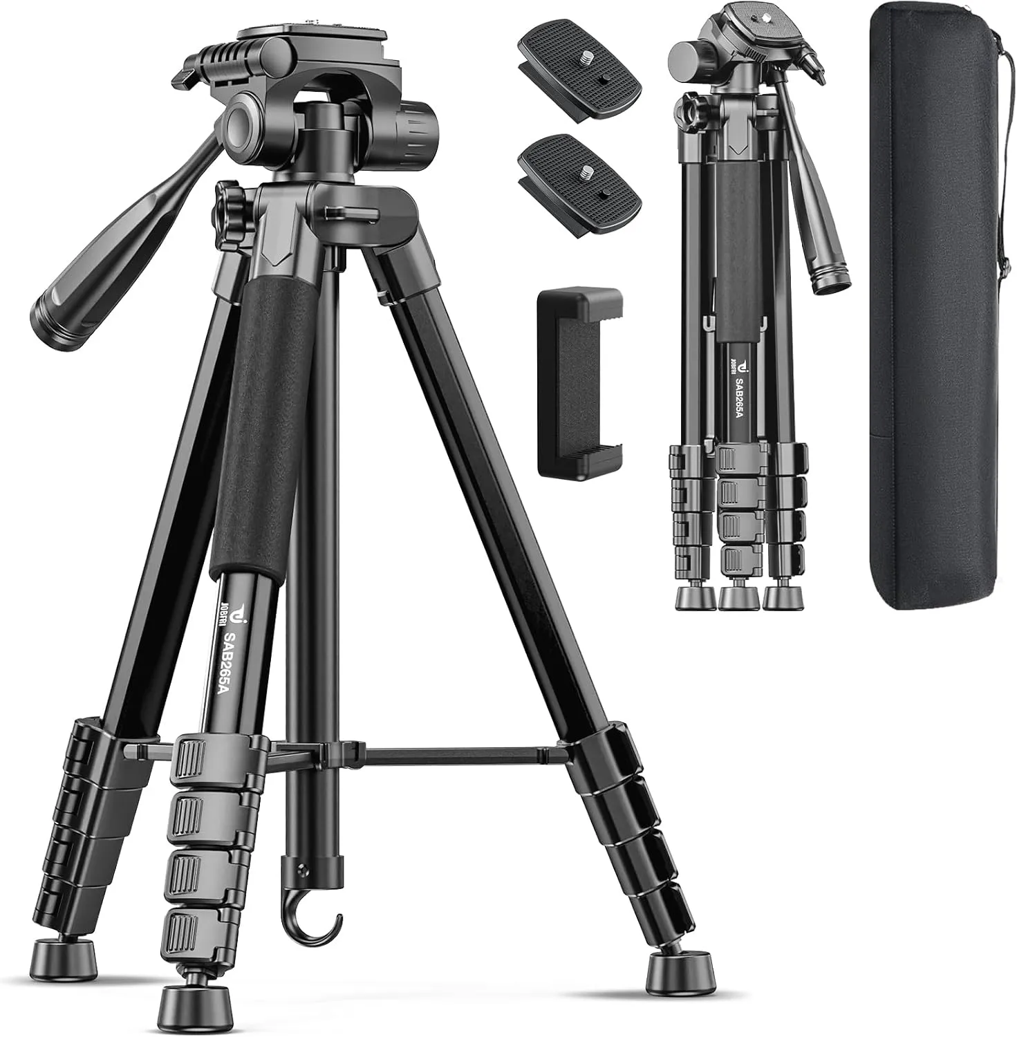 73" Camera Tripod Stand, Aluminum Tripod with Phone Holder, Travel Bag, Compatible with GoPro/DSLR/Cell Phone/Camcorder, Max Load 8.8LB (Black)