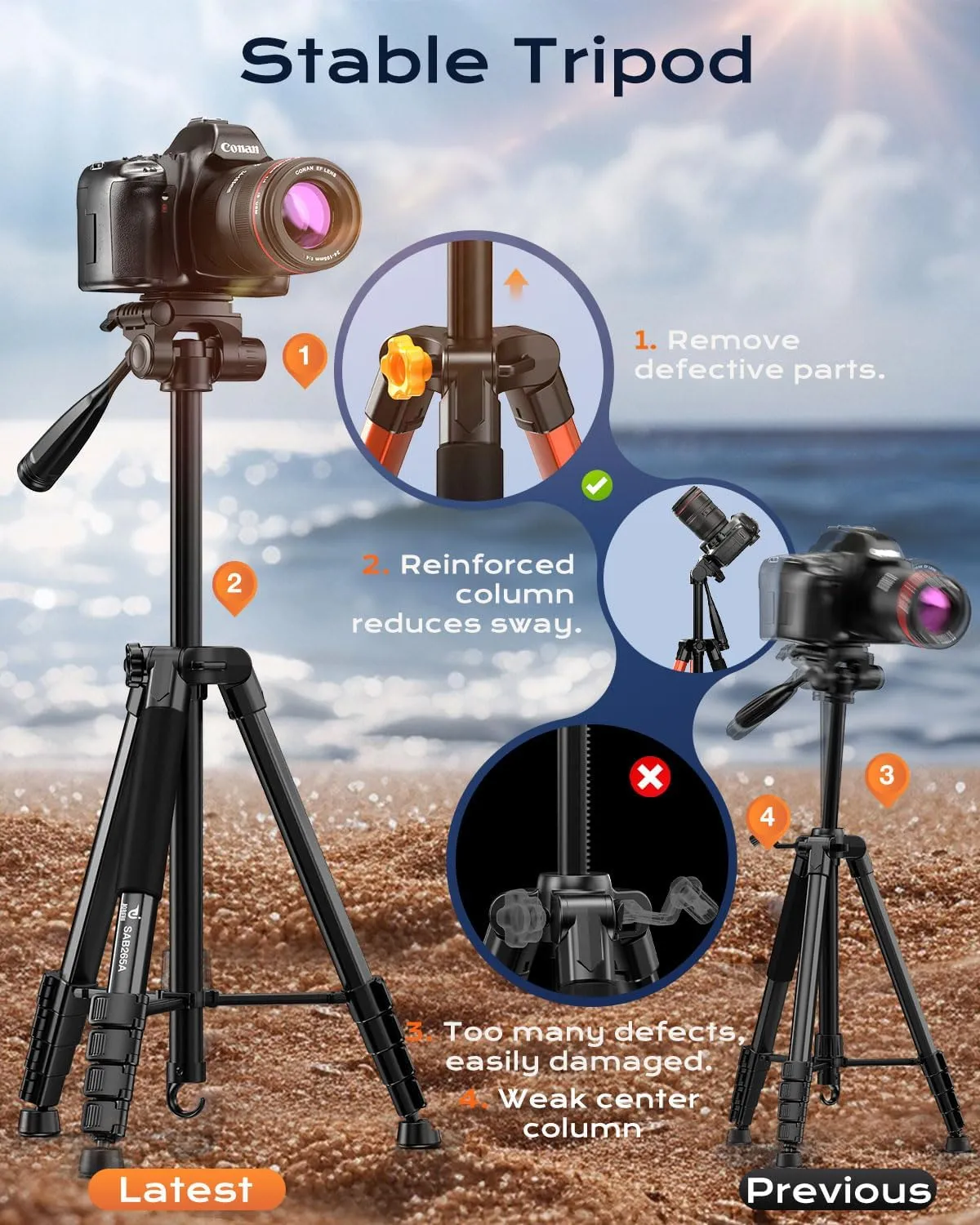 73" Camera Tripod Stand, Aluminum Tripod with Phone Holder, Travel Bag, Compatible with GoPro/DSLR/Cell Phone/Camcorder, Max Load 8.8LB (Black)