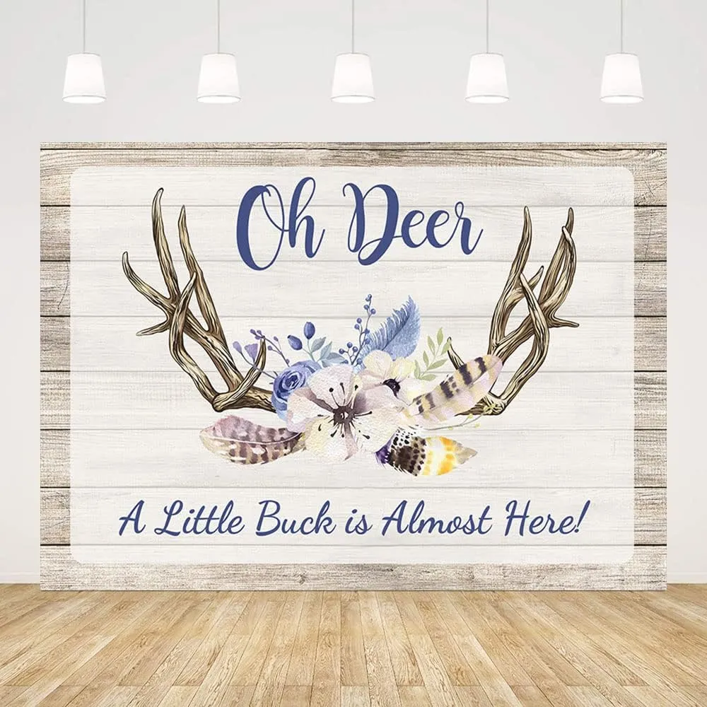 7x5ft Oh Deer Backdrop for Boy A Little Buck is Almost Here Blue Floral Rustic Wood Photography Background Baby Boy Baby Shower Decorations Banner Photo Shoot Props