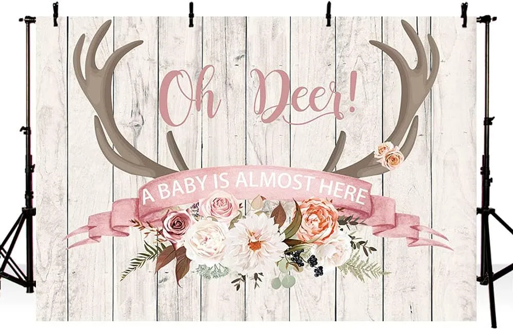 7x5ft Oh Deer Pink Girl Baby Shower Backdrop Antlers Floral Rustic Wooden Floor Background Little Fawn Gender Reveal Party Decorations Photo Shoot Props Supplies