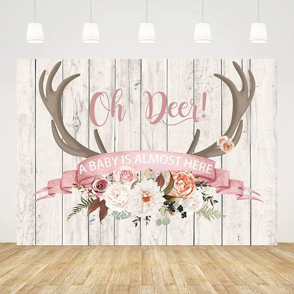7x5ft Oh Deer Pink Girl Baby Shower Backdrop Antlers Floral Rustic Wooden Floor Background Little Fawn Gender Reveal Party Decorations Photo Shoot Props Supplies