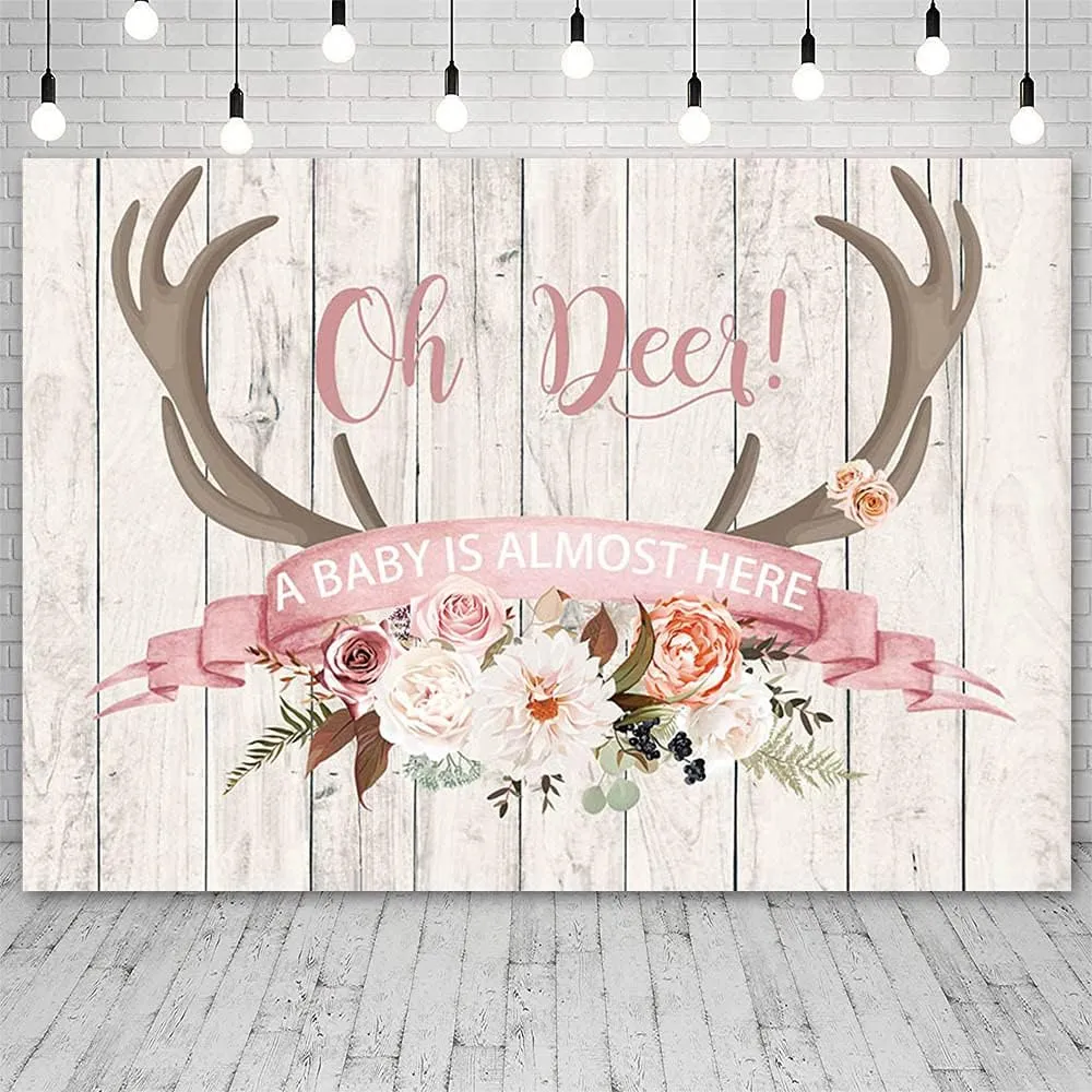 7x5ft Oh Deer Pink Girl Baby Shower Backdrop Antlers Floral Rustic Wooden Floor Background Little Fawn Gender Reveal Party Decorations Photo Shoot Props Supplies