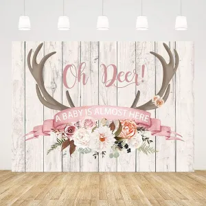 7x5ft Oh Deer Pink Girl Baby Shower Backdrop Antlers Floral Rustic Wooden Floor Background Little Fawn Gender Reveal Party Decorations Photo Shoot Props Supplies