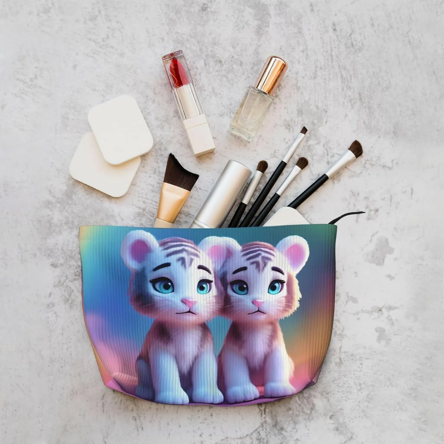 A Pair Of Tigers Patterned Cosmetic Bag Portable Large Capacity Cosmetic Bag Corduroy Zipper Toiletry Bag Travel Bag