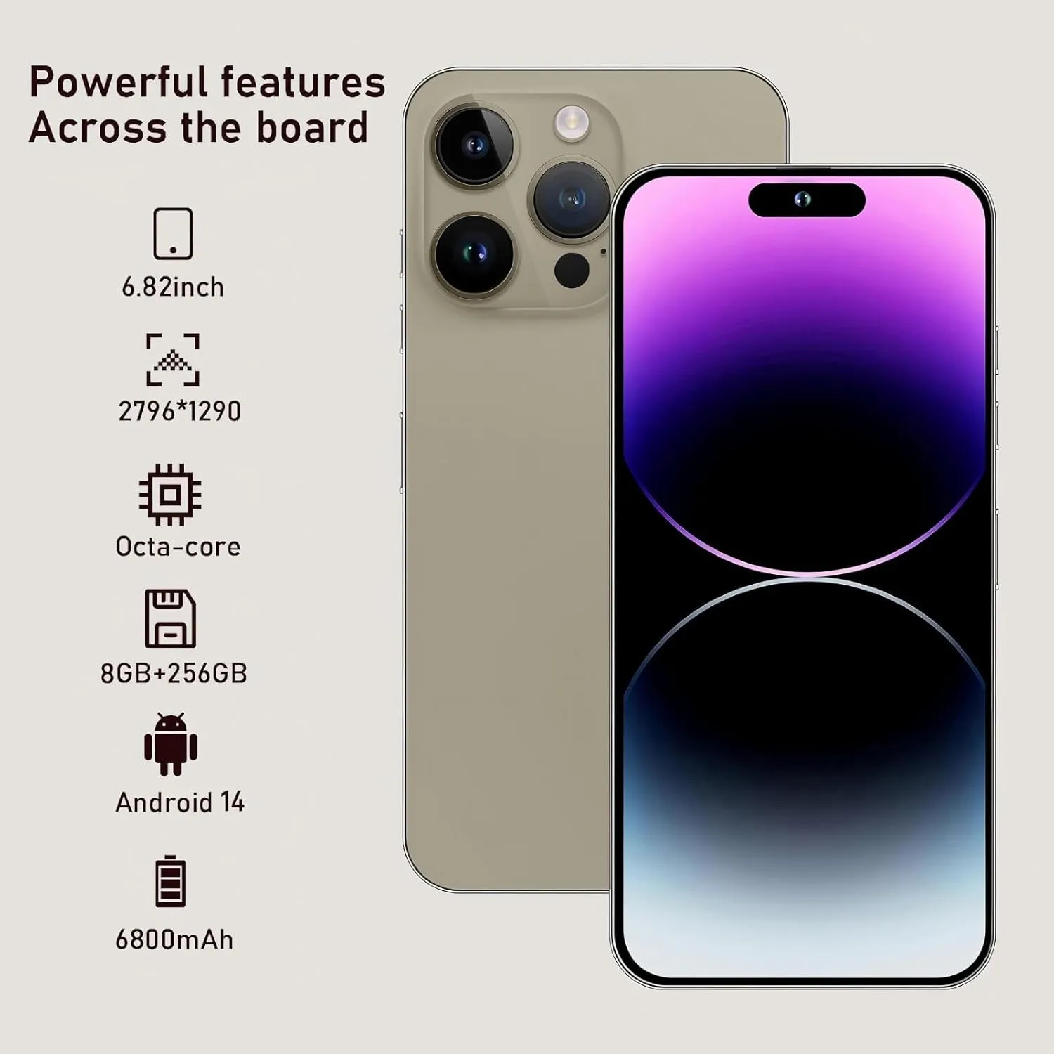 A15 Pro Max Cell Phones,Android 14.0 Unlocked Phone,8 256GB Smartphone,Support Dual SIM Dual Standby Face Recognition 6800mAh Ultra Long Life Battery-Grey