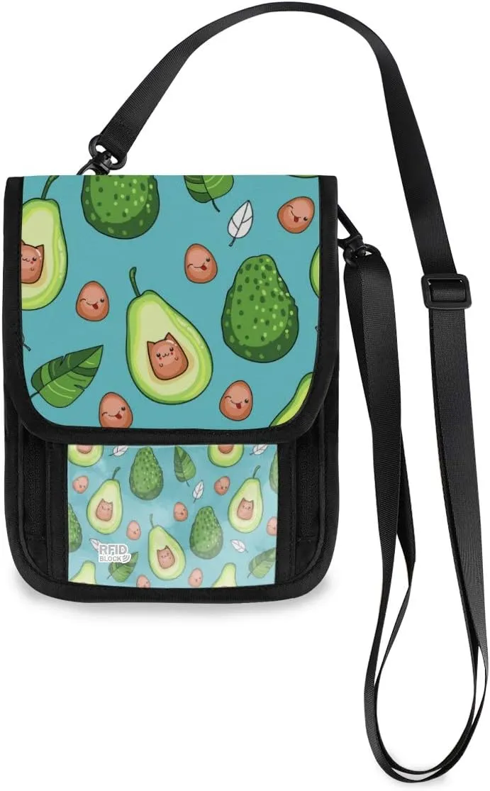 ALAZA Kawaii Avocado Emotion & Leaf Blue Small Crossbody Wallet Purse Cell Phone Bag Rfid Passport Holder with Credit Card Slots