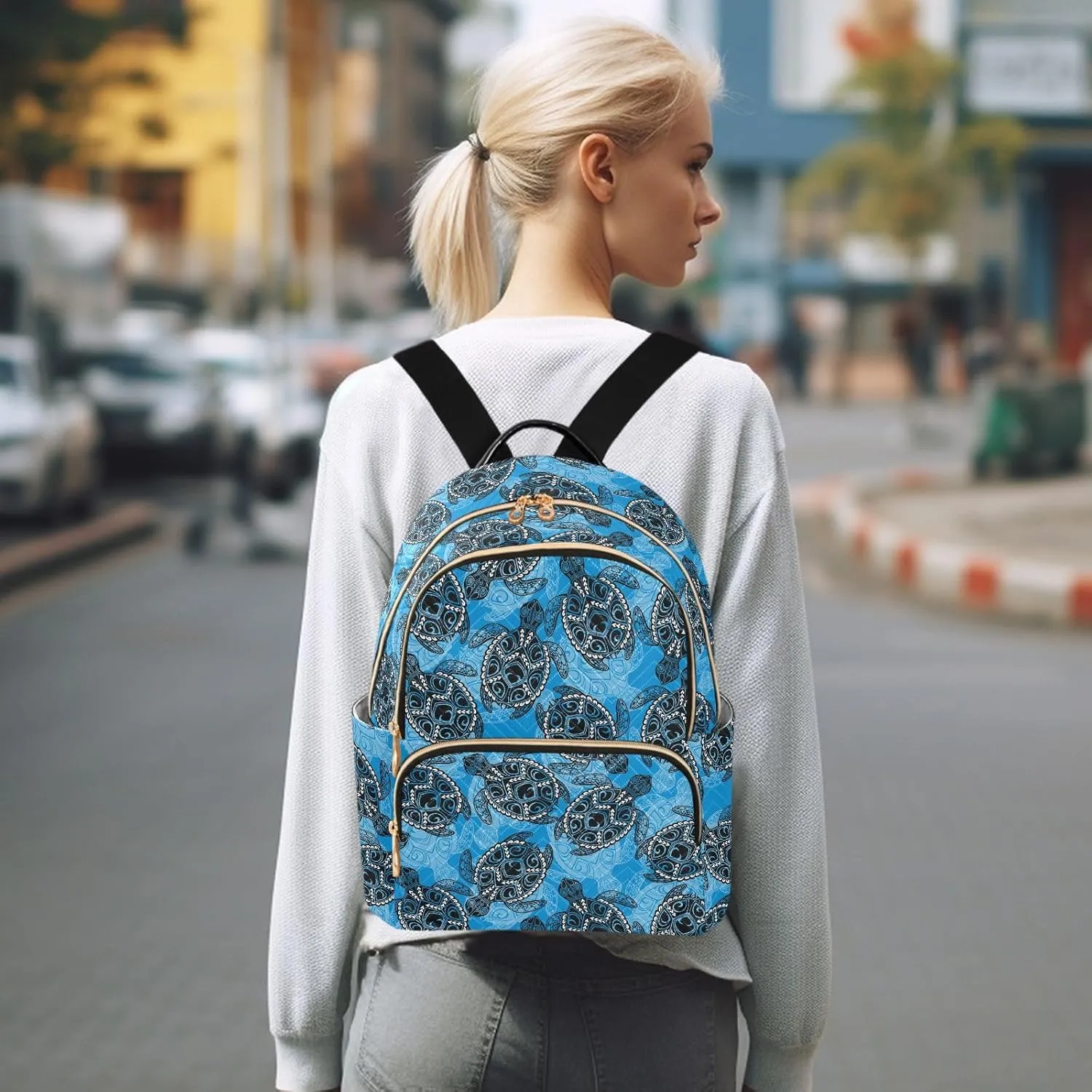 ALAZA Mini Backpack for Women, Vintage Turtle Blue Travel Backpack Purse for Ladies, Small Bookbag Daypack Shoulder Bag M