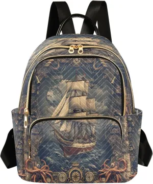 ALAZA Vintage Sailboat Octopus Women Backpack Purse Ladies Fashion Shoulder Bag Daypack Travel Bag 7.5L