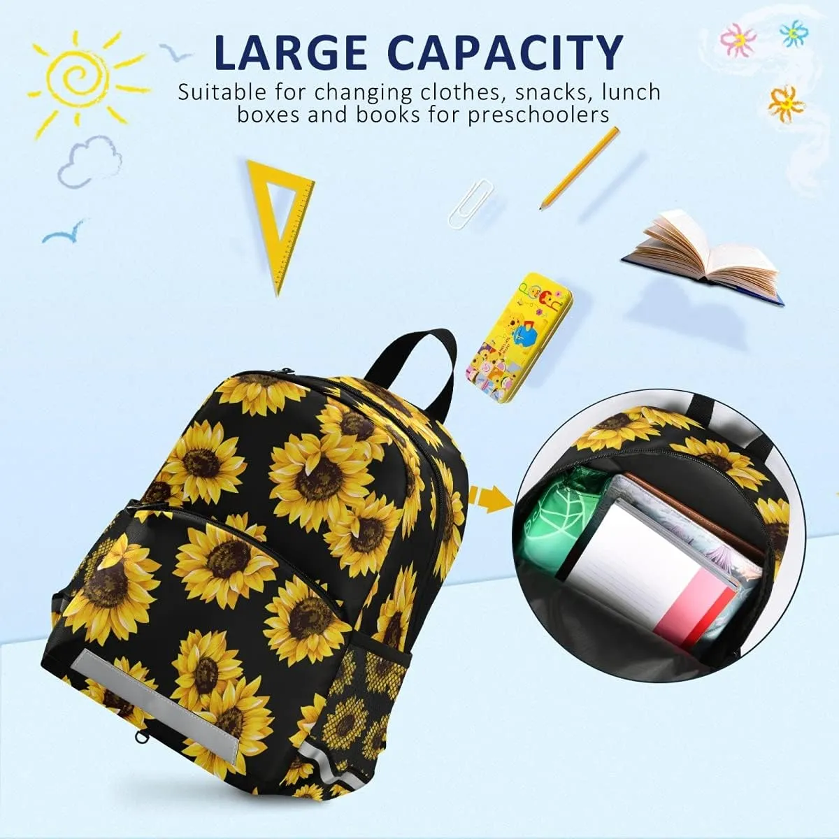 ALAZA Vintage Sunflower Toddler Backpack for Boys Girls Black Preschool Nursery with Safety Leash