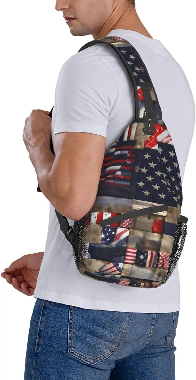 American Flag Patchwork Print Sling Backpack, Sling Bag, Crossbody Chest Bag Daypack, for Hiking Travel