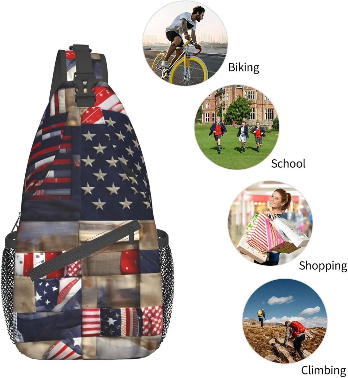 American Flag Patchwork Print Sling Backpack, Sling Bag, Crossbody Chest Bag Daypack, for Hiking Travel