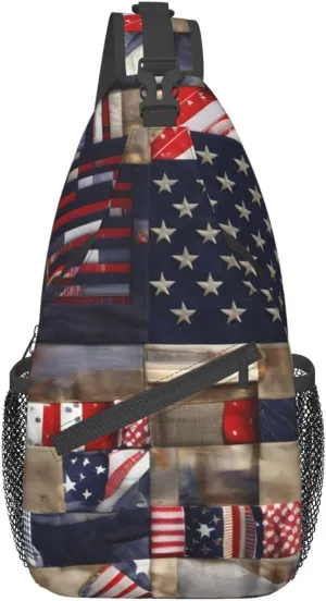 American Flag Patchwork Print Sling Backpack, Sling Bag, Crossbody Chest Bag Daypack, for Hiking Travel