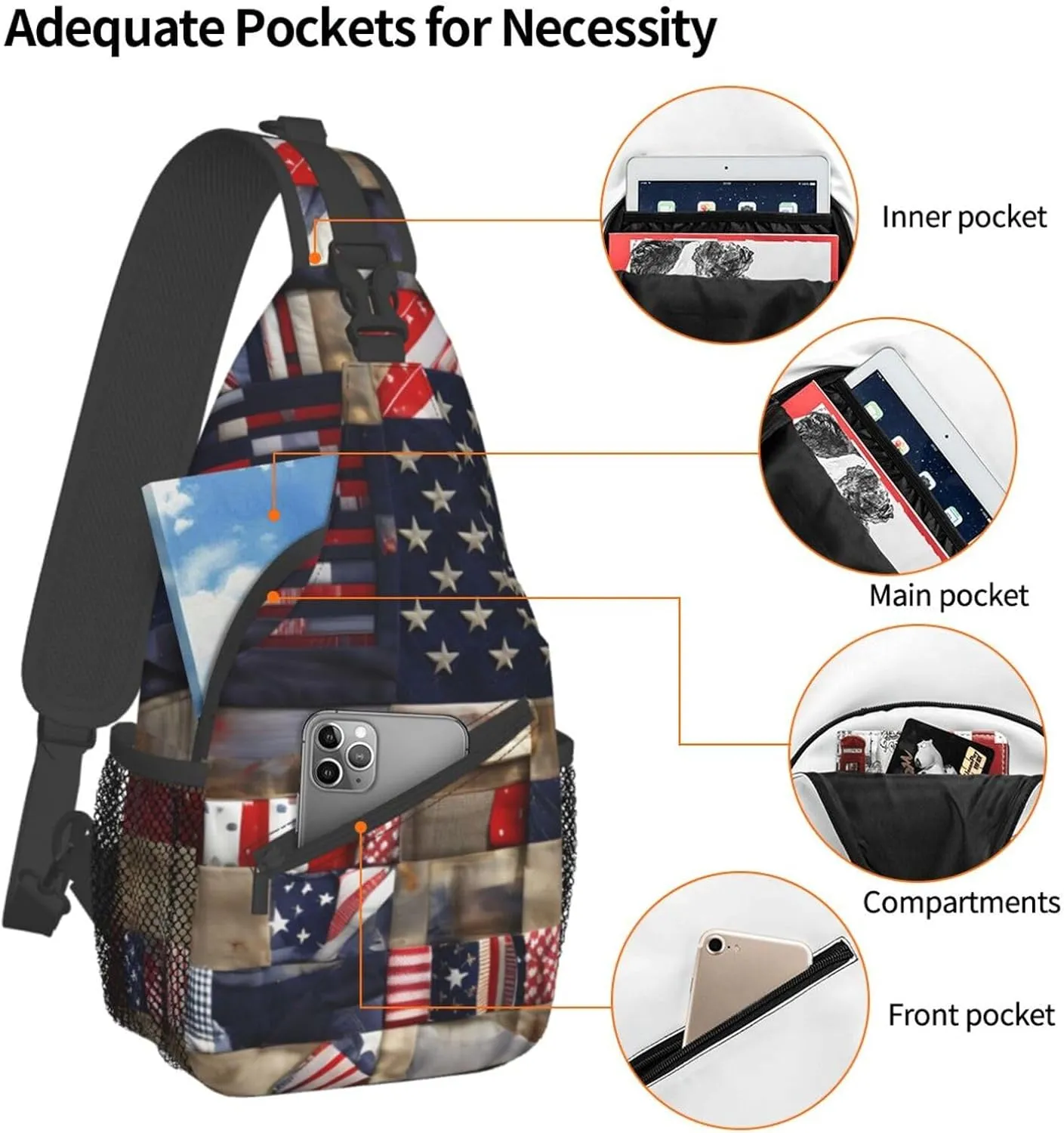 American Flag Patchwork Print Sling Backpack, Sling Bag, Crossbody Chest Bag Daypack, for Hiking Travel