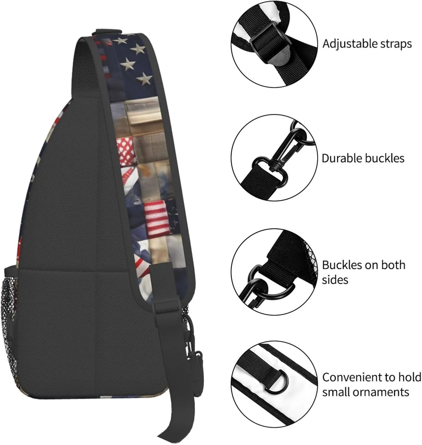 American Flag Patchwork Print Sling Backpack, Sling Bag, Crossbody Chest Bag Daypack, for Hiking Travel