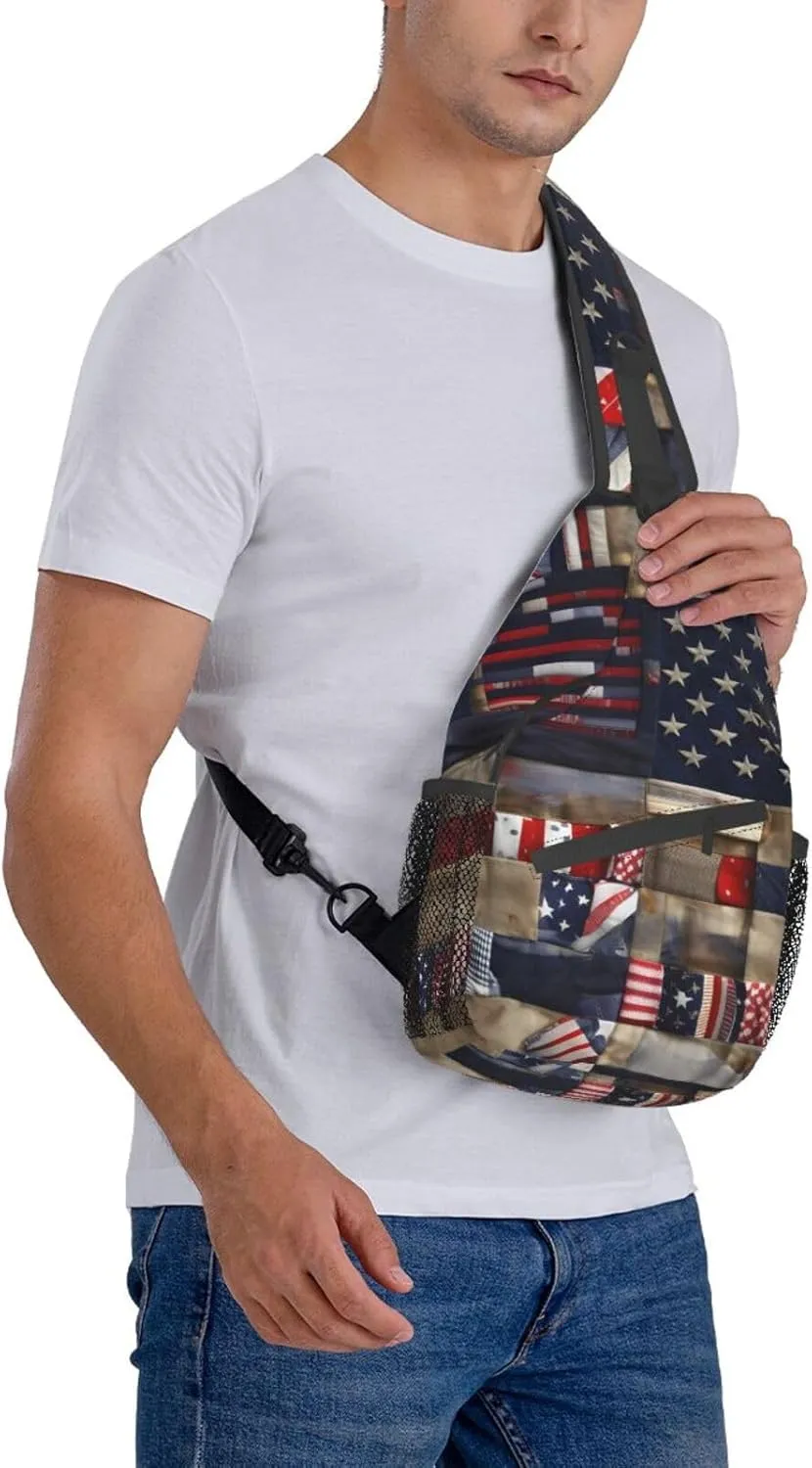 American Flag Patchwork Print Sling Backpack, Sling Bag, Crossbody Chest Bag Daypack, for Hiking Travel