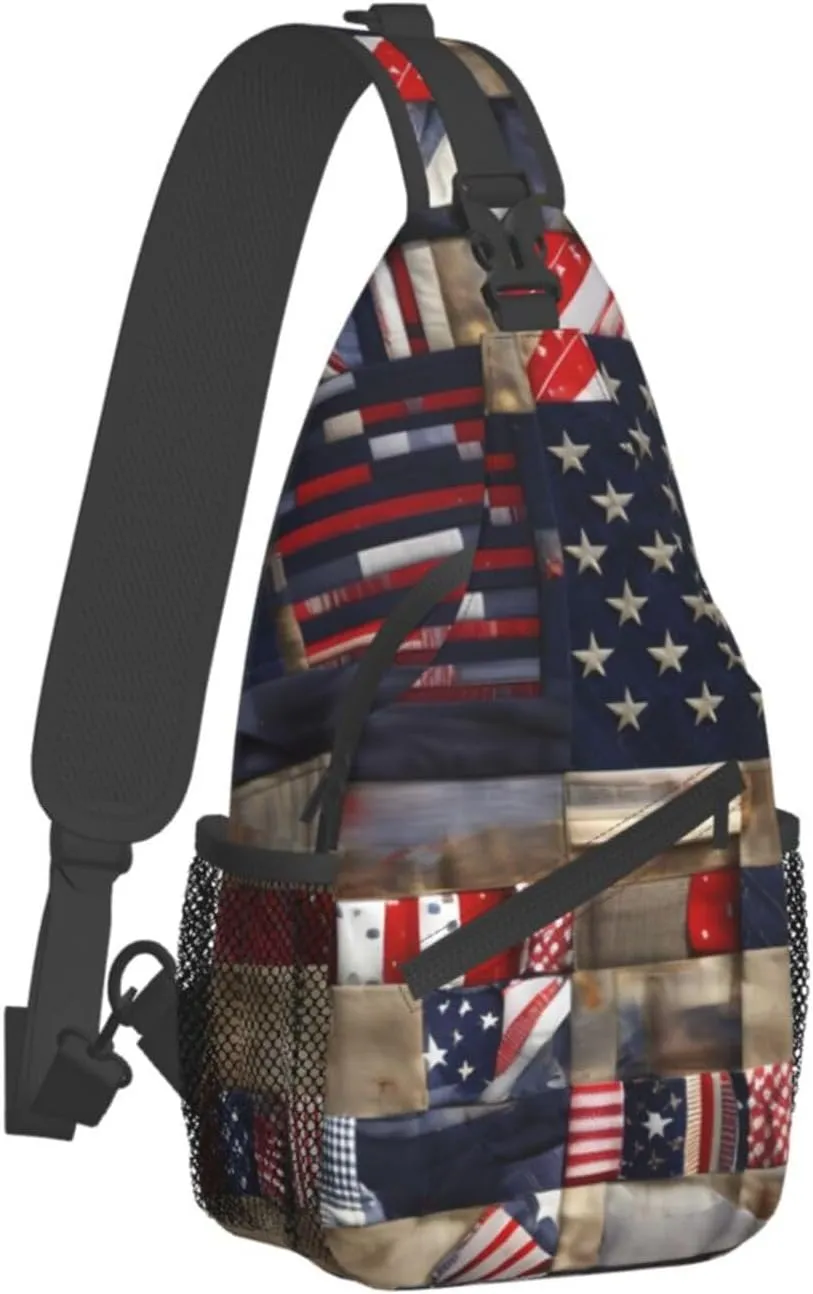 American Flag Patchwork Print Sling Backpack, Sling Bag, Crossbody Chest Bag Daypack, for Hiking Travel