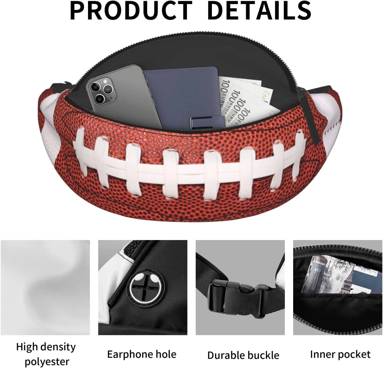 American Football Fanny Pack Waist Bag Adjustable Belt Bag For Men Women Traveling Hiking Cycling Running