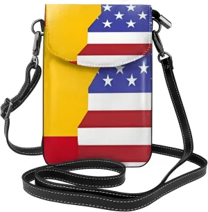 American Spain Flag Crossbody Bag, Leather Crossbody Flap Mobile Phone Bag.# Fashion Tassel Wallet Designed For Women.