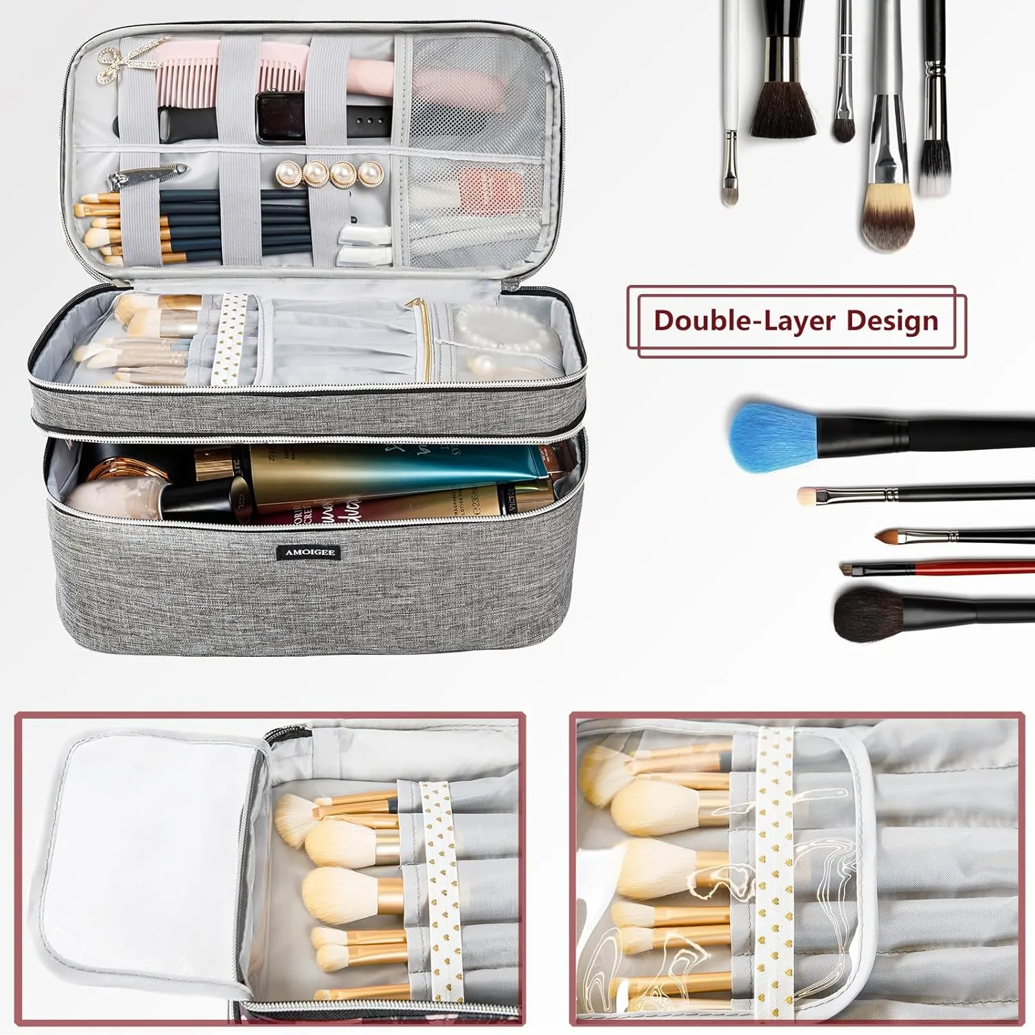 AMOIGEE Large Makeup Bag, Travel Makeup Bag Organizer, Double Layer Train Case Makeup Bag, Toiletry Bag for Makeup Brushes, Full Size Bottles, Palettes Sponge, Cosmetic Organizer, Grey