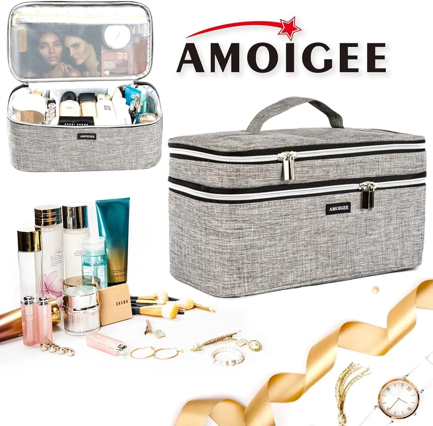 AMOIGEE Large Makeup Bag, Travel Makeup Bag Organizer, Double Layer Train Case Makeup Bag, Toiletry Bag for Makeup Brushes, Full Size Bottles, Palettes Sponge, Cosmetic Organizer, Grey