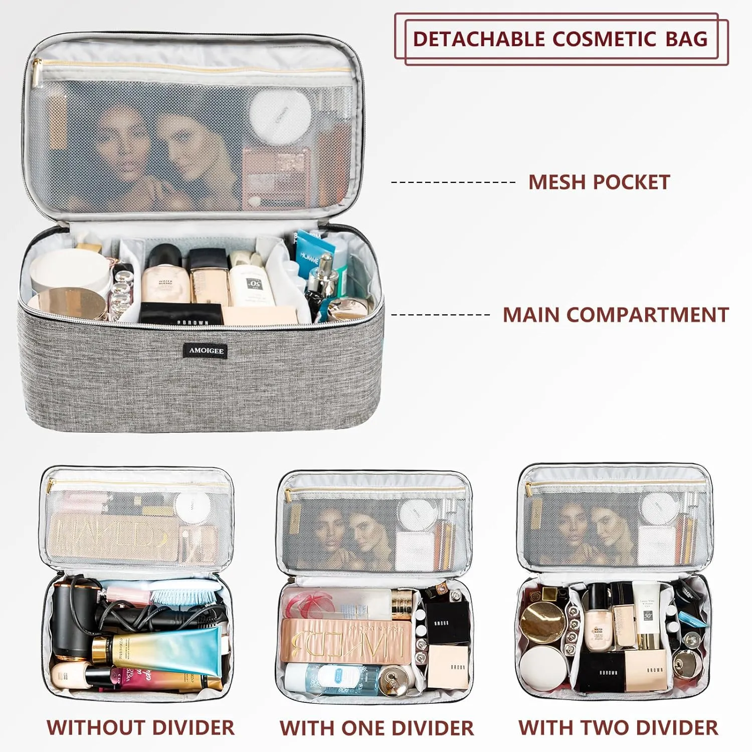 AMOIGEE Large Makeup Bag, Travel Makeup Bag Organizer, Double Layer Train Case Makeup Bag, Toiletry Bag for Makeup Brushes, Full Size Bottles, Palettes Sponge, Cosmetic Organizer, Grey