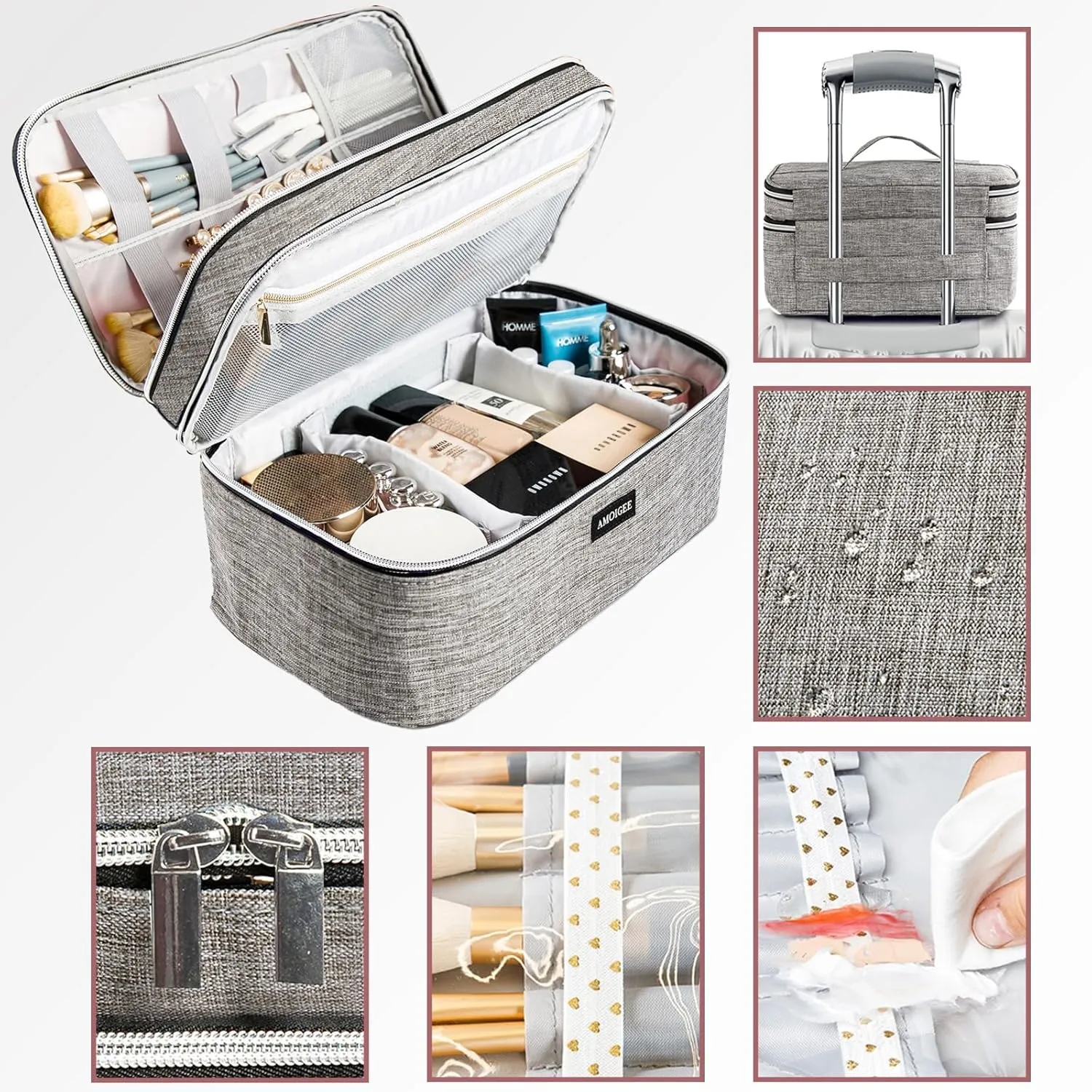 AMOIGEE Large Makeup Bag, Travel Makeup Bag Organizer, Double Layer Train Case Makeup Bag, Toiletry Bag for Makeup Brushes, Full Size Bottles, Palettes Sponge, Cosmetic Organizer, Grey