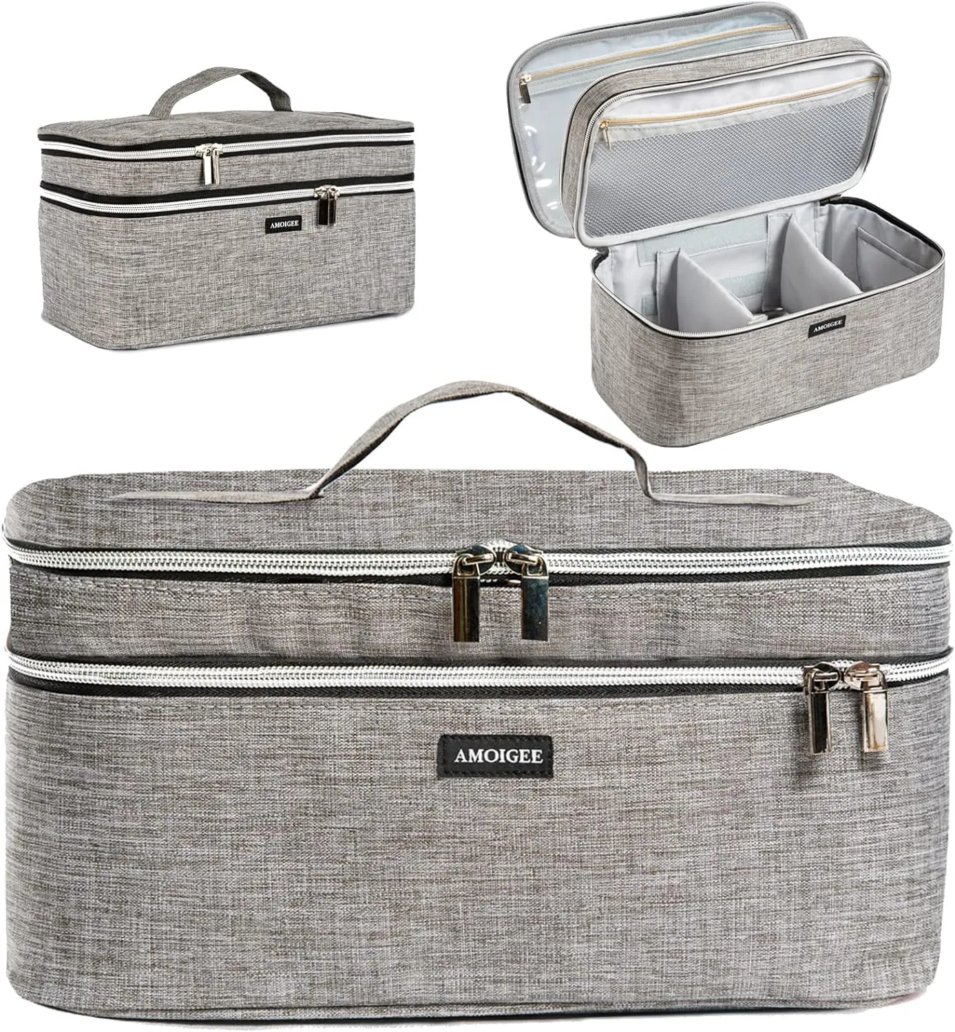 AMOIGEE Large Makeup Bag, Travel Makeup Bag Organizer, Double Layer Train Case Makeup Bag, Toiletry Bag for Makeup Brushes, Full Size Bottles, Palettes Sponge, Cosmetic Organizer, Grey