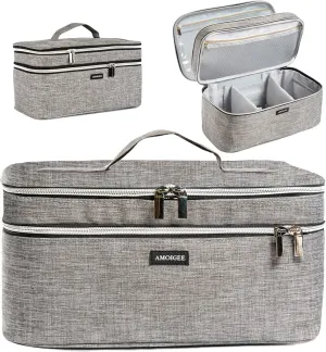 AMOIGEE Large Makeup Bag, Travel Makeup Bag Organizer, Double Layer Train Case Makeup Bag, Toiletry Bag for Makeup Brushes, Full Size Bottles, Palettes Sponge, Cosmetic Organizer, Grey