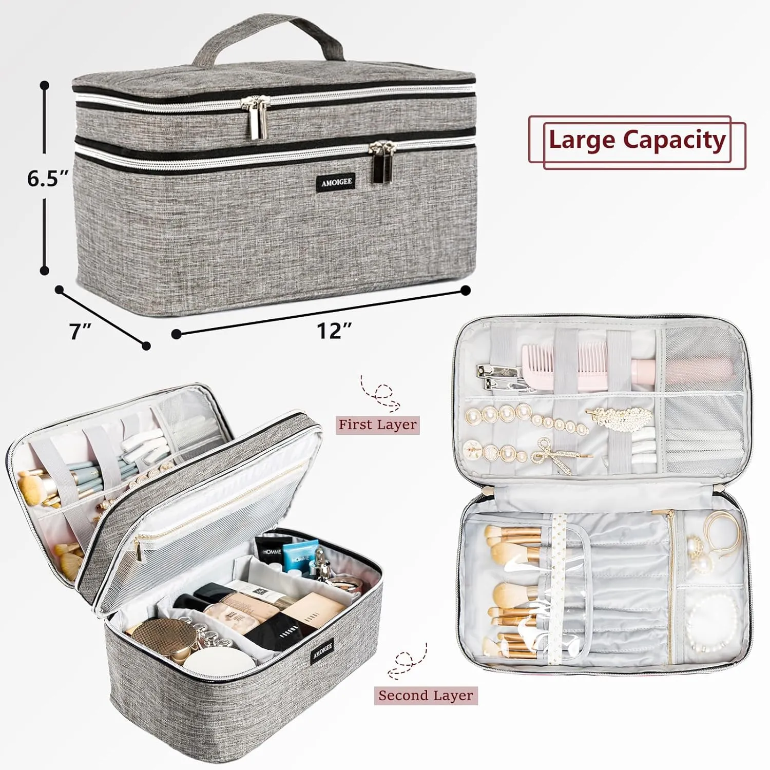 AMOIGEE Large Makeup Bag, Travel Makeup Bag Organizer, Double Layer Train Case Makeup Bag, Toiletry Bag for Makeup Brushes, Full Size Bottles, Palettes Sponge, Cosmetic Organizer, Grey