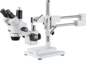 AmScope SM-4TP Professional Trinocular Stereo Zoom Microscope with Simultaneous Focus Control, WH10x Eyepieces, 7X-45X Magnification, 0.7X-4.5X Zoom Objective, Ambient Lighting, Double-Arm Boom Stand