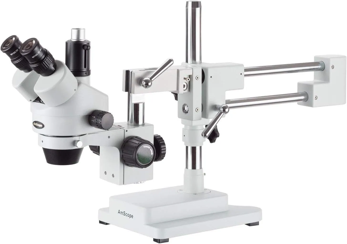 AmScope SM-4TP Professional Trinocular Stereo Zoom Microscope with Simultaneous Focus Control, WH10x Eyepieces, 7X-45X Magnification, 0.7X-4.5X Zoom Objective, Ambient Lighting, Double-Arm Boom Stand