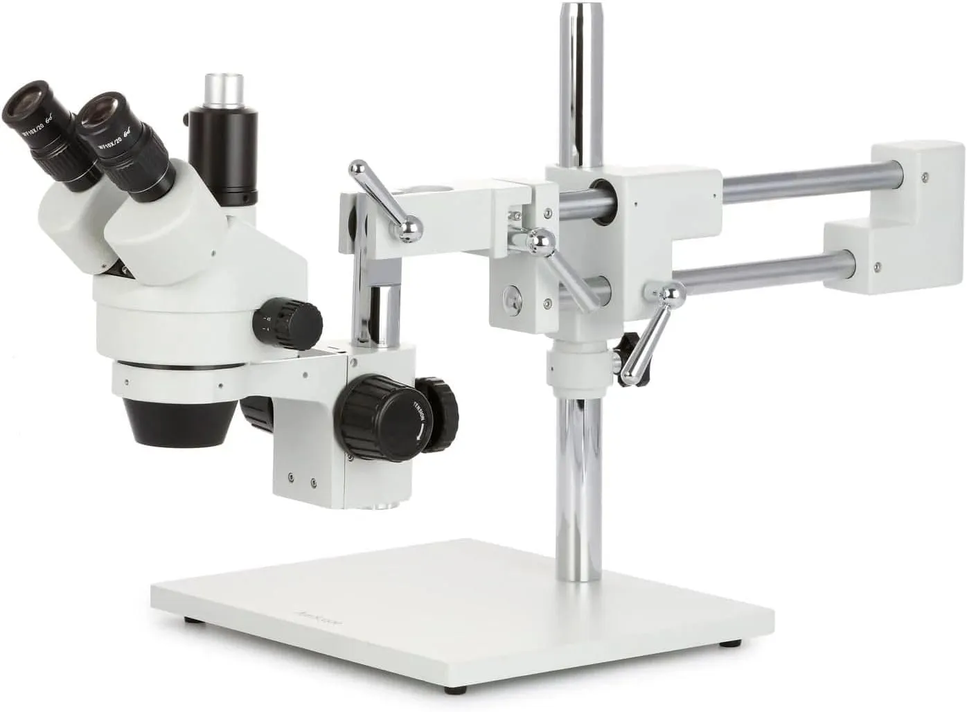AmScope SM-4TPX Professional Trinocular Stereo Zoom Microscope with Simultaneous Focus Control, WH10x Eyepieces, 3.5X-45X Magnification, 0.7X-4.5X Zoom Objective, Ambient Lighting, Double-Arm Boom Stand, Includes 0.5X Barlow Lens