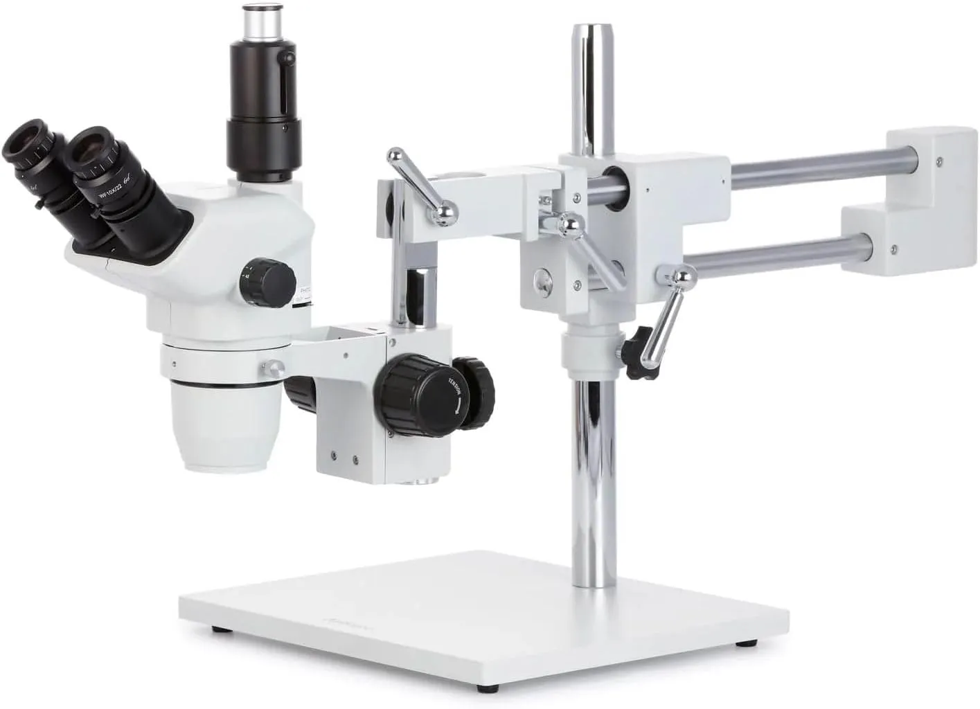 AmScope ZM-4TNW3 Professional Trinocular Stereo Zoom Microscope, EW10x and EW25x Eyepieces, 2X-225X Magnification, 0.67X-4.5X Zoom Objective, Ambient Lighting, Double-Arm Boom Stand, Includes 0.3x and 2.0x Barlow Lenses
