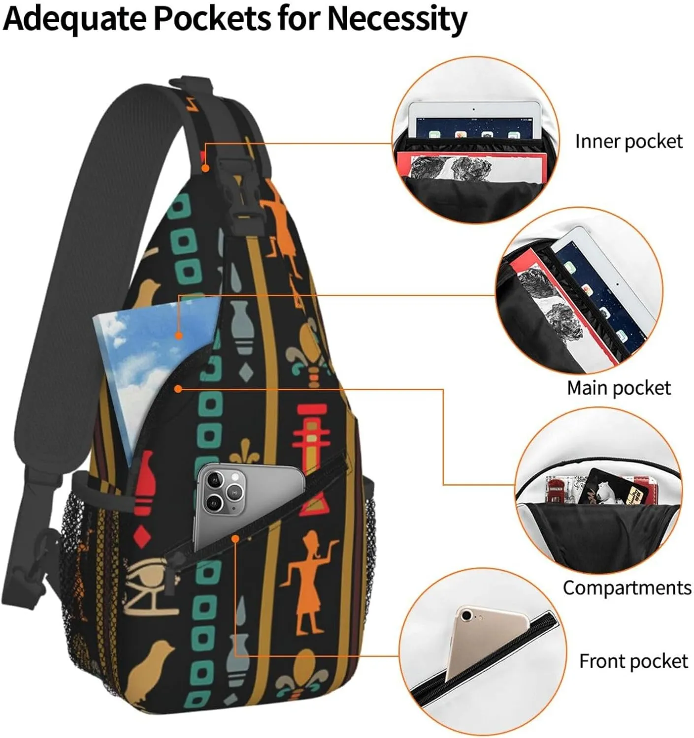 Ancient Egyptian Pyramids Vintage Cultural Symbols Men'S Crossbody Bag Travel Hiking Shoulder Backpack Chest Bag