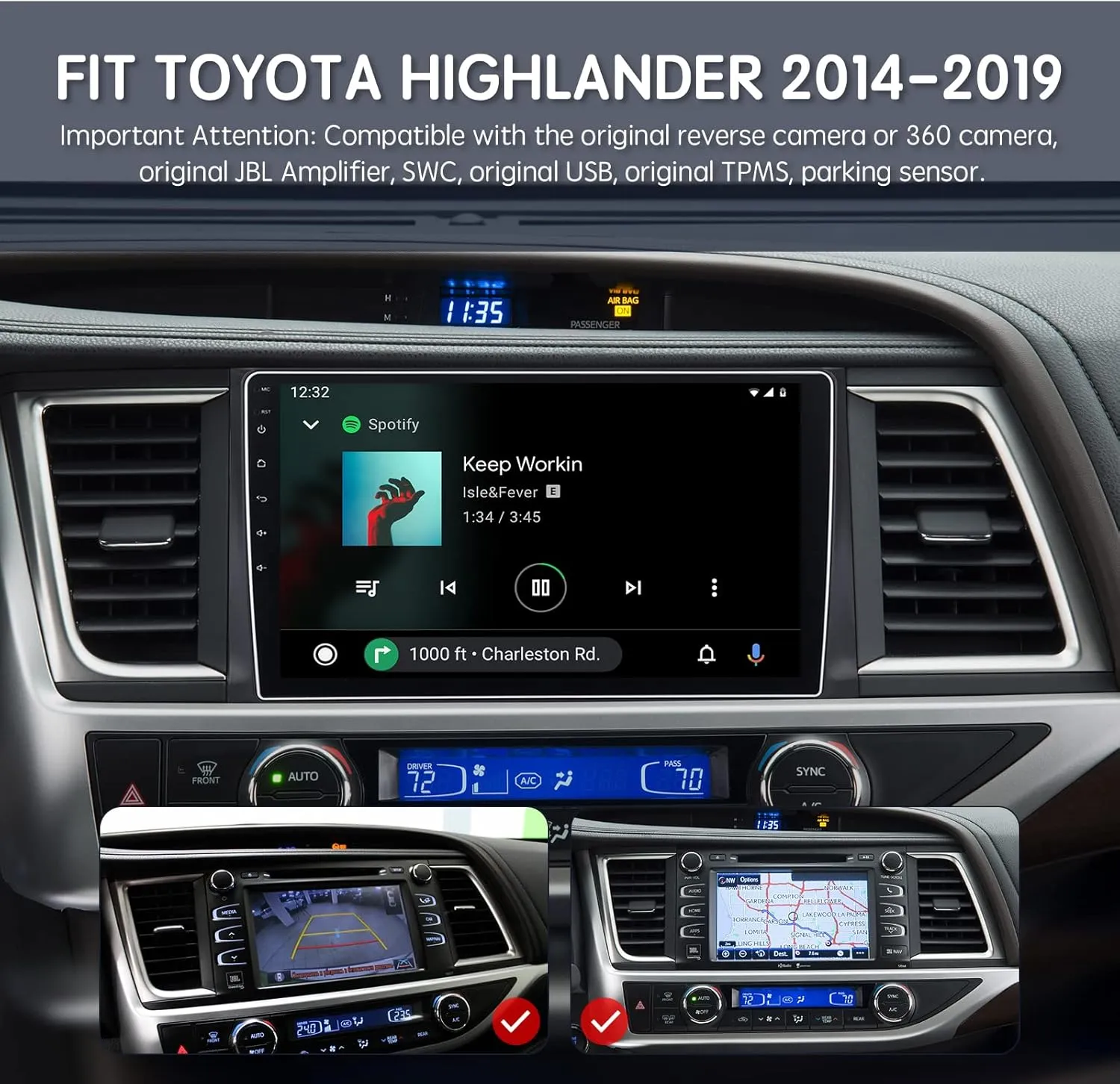 Android 12.0 6G 128G Car Stereo Wireless Apple CarPlay for Toyota Highlander 2014-2019, 10.2" HD Touch Screen Radio Bluetooth GPS Navigation, 2.4GHz & 5GHz WiFi, SWC, DSP 48-EQ AM FM Radio