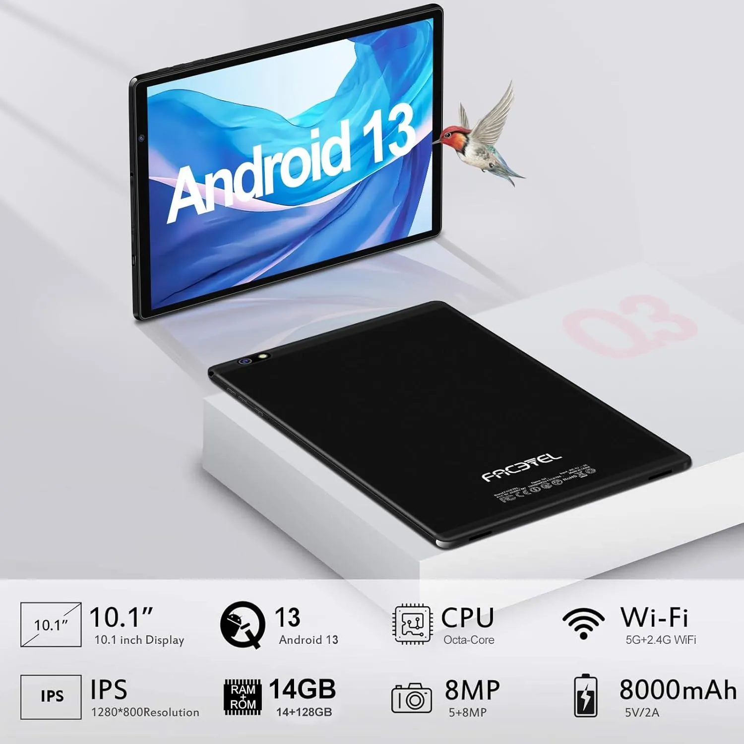 Android Tablet 10 inch Android 13 Tablets with 14GB RAM 128GB ROM, Octa-Core 2.0 GHz, 8000mAh Battery, 5G WiFi, Bluetooth 5.0, HD IPS Touchscreen, 5 8MP Camera Tablet with Keyboard Mouse Case, Black