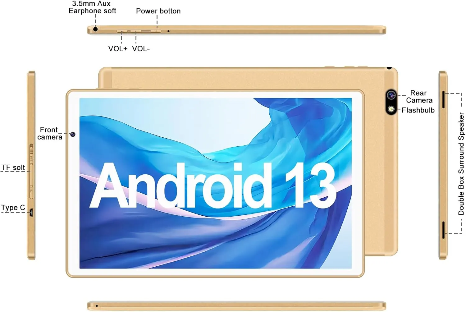 Android Tablet 10 inch Android 13 Tablets with 14GB RAM 128GB ROM, Octa-Core 2.0 GHz, 8000mAh Battery, 5G WiFi, Bluetooth 5.0, HD IPS Touchscreen, 5 8MP Camera Tablet with Keyboard Mouse Case, Gold