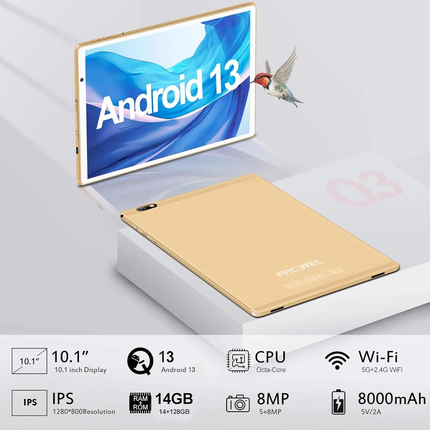 Android Tablet 10 inch Android 13 Tablets with 14GB RAM 128GB ROM, Octa-Core 2.0 GHz, 8000mAh Battery, 5G WiFi, Bluetooth 5.0, HD IPS Touchscreen, 5 8MP Camera Tablet with Keyboard Mouse Case, Gold