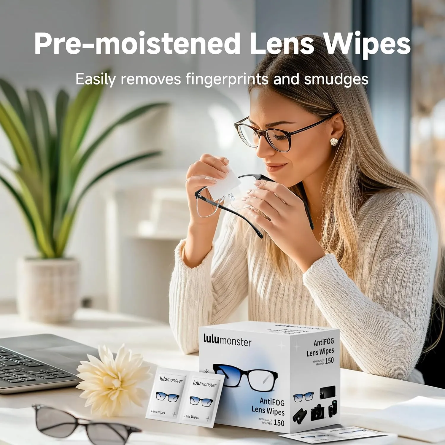 Anti Fog Lens Wipes for Eyeglasses Lulumonster, [150 Pre-Moistened Individually Wrapped Wipes] [Non-Scratching & Non-Streaking] Cleaner Wipes for Glasses, Sunglass, Phone Screen Camera Lens, Goggles
