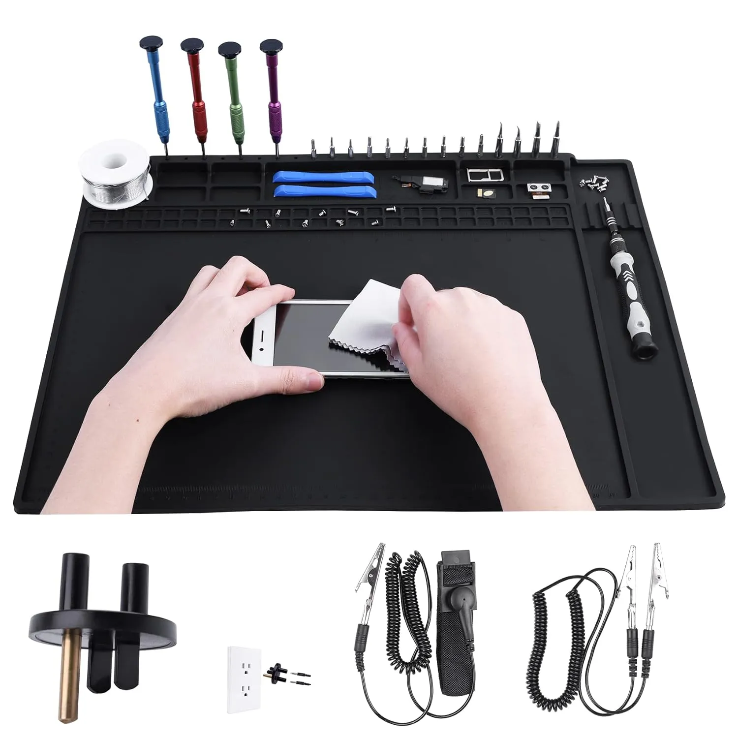 Anti Static Mat Includes ESD Wristband and Grounding Wire and Grounding Plug for Electronics Repair, Premium Heat Resistant ESD Safe Soldering Mat (17.7" x 13.6")