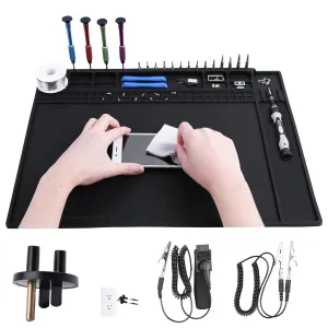 Anti Static Mat Includes ESD Wristband and Grounding Wire and Grounding Plug for Electronics Repair, Premium Heat Resistant ESD Safe Soldering Mat (17.7" x 13.6")