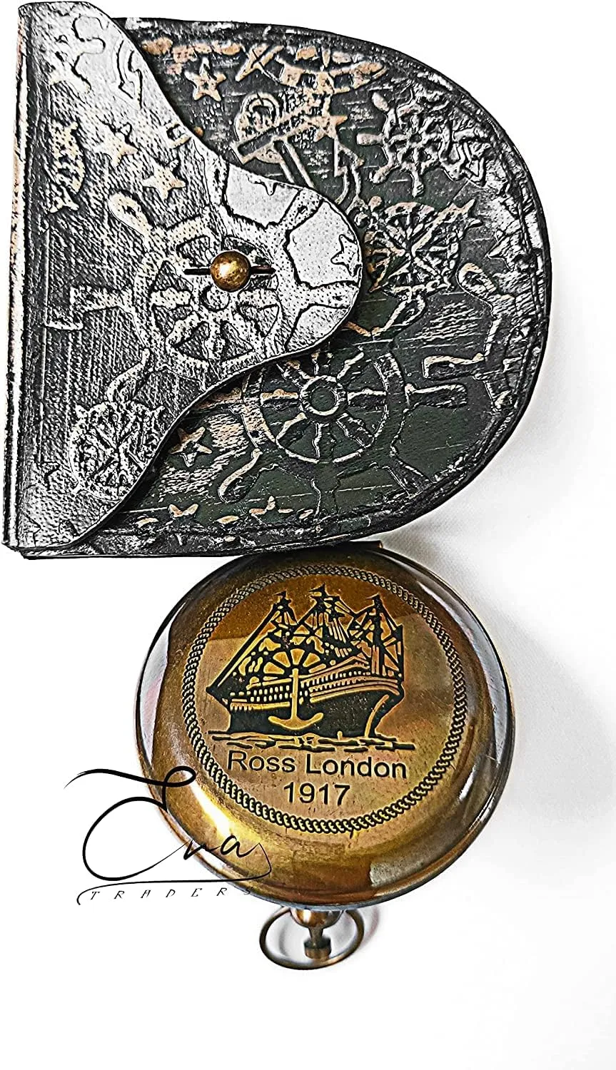 Antique Nautical Brass Compass Handmade Rose London 1917" Gold Finish Brass Sundial Navigational Directional Compass Tool for Hiking Trekking Travelling by ERA Traders
