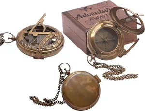 Antique Nautical Engraved Brass Sundial Compass with Wooden Box Directional Maritime Navigational Pocket Compass Tool for Hiking Trekking Travelling & Camping by DOLLOND LONDONE1920