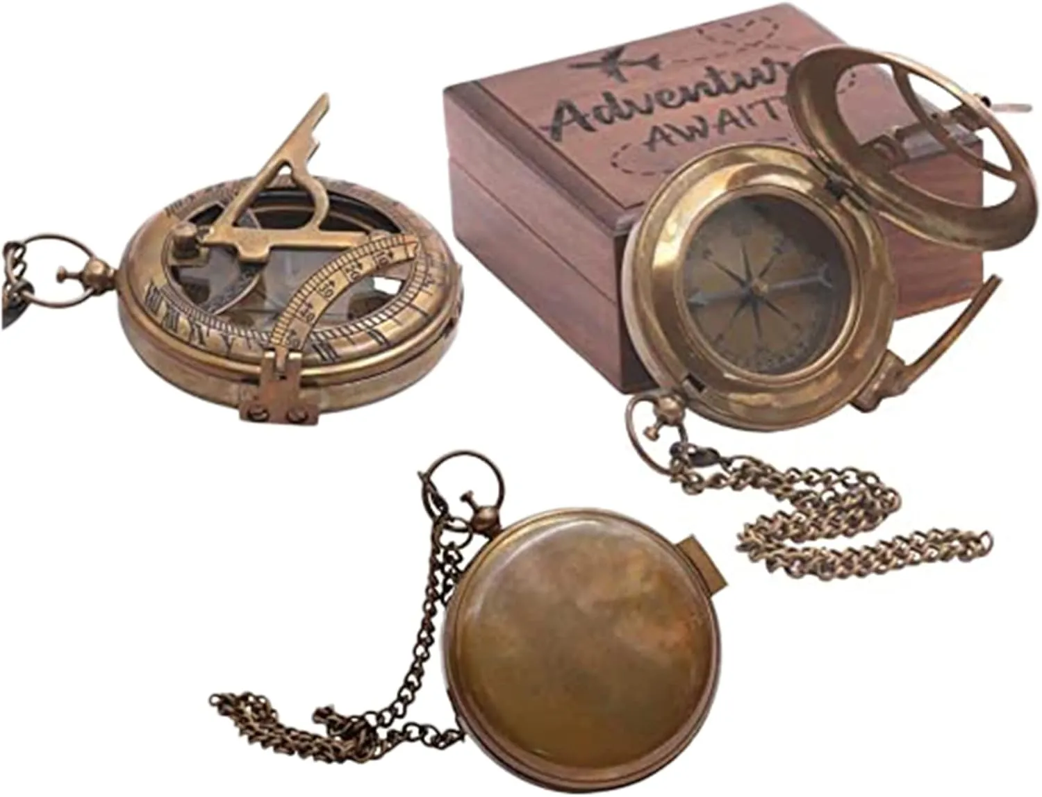 Antique Nautical Engraved Brass Sundial Compass with Wooden Box Directional Maritime Navigational Pocket Compass Tool for Hiking Trekking Travelling & Camping by DOLLOND LONDONE1920