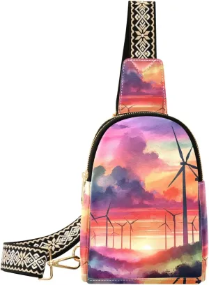 Augenstern Women Crossbody Sling Backpack Watercolor-wind-turbines Girl Chest Bag Daypack for Hiking Traveling