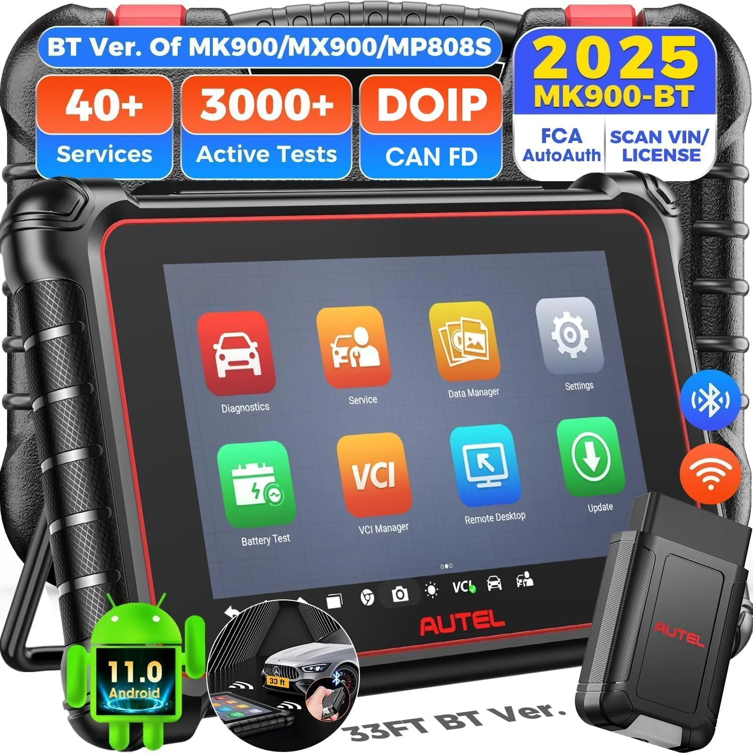 Autel Scanner MaxiCOM MK900BT, 2025 MK900-BT Bidirectional Diagnostic Scan Tool, 2.0 BT Ver. of MK900 MX900 8in Up of MK808S MK808BT PRO MX808S MK808Z, 3K  Active Tests, 40  Reset, CANFD DoIP, FCA SGW