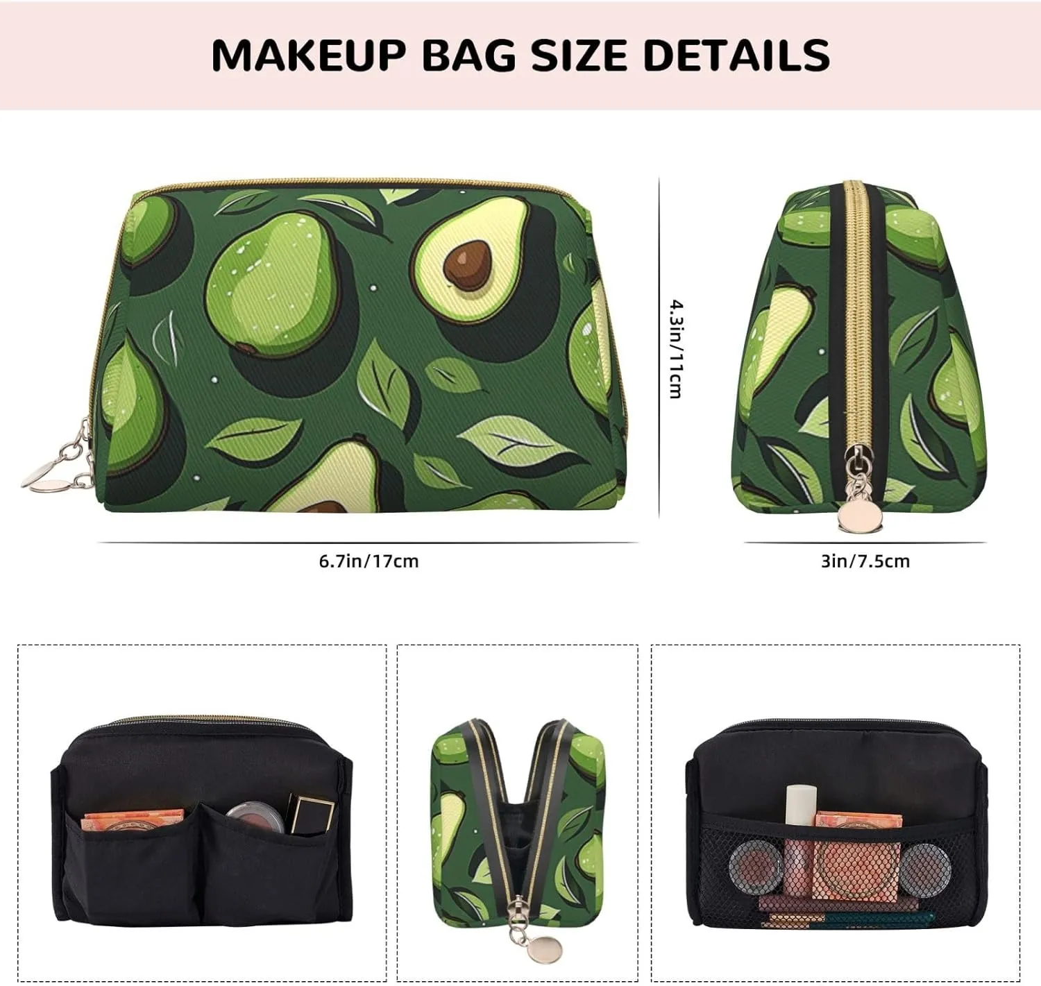 Avocados Printed Small Makeup Bag,Travel Cosmetic Bag Purse with Zipper,Water-resistant Makeup Organizer Bag for Women